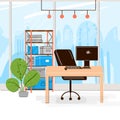 Vector Flat Collection of Creative Workplace with Modern Open Space and Empty Office Interior - Business and Royalty Free Stock Photo