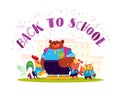 Vector flat collection of happy animal student standing at school building. Royalty Free Stock Photo