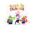 Vector flat collection of happy animal student standing at school building. Royalty Free Stock Photo