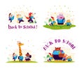 Vector flat collection of happy animal student standing at school building illustrations. Royalty Free Stock Photo