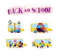Vector flat collection of happy animal student standing at school bus. Royalty Free Stock Photo