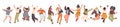 Vector flat collection of Happy Multiracial Woman illustration, dancing and jumping with joy, cheer, happiness, isolated Royalty Free Stock Photo