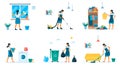 Vector flat set of woman making different housework