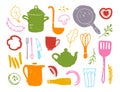 Vector flat collection of kitchen things objects: pan, teapot, fork, pot, scoop, cup and some meal products: tomato, fries, sausag Royalty Free Stock Photo