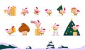 Vector flat collection of Merry Christmas happy pig elf - ring bell, carry lollipop, present box, gift bag, fir tree, decorate New Royalty Free Stock Photo