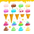 Vector flat collection of tasty sweet colorful ice cream cones elements isolated