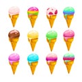 Vector flat collection of tasty sweet ice cream cones