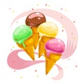 Vector flat collection of tasty sweet ice cream cones isolated on white background. Royalty Free Stock Photo