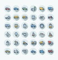 Vector flat color thin line icons set with public transport, cars outline symbols. Royalty Free Stock Photo