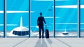 Vector flat illlustration of a businessman standing in the airport. Concept of a man wearing suit with suitcase standing in the Royalty Free Stock Photo