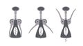 Vector flat corkscrew, for opening bottles of wine. Set of cork screw in different positions - uncork instructions