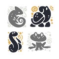 Vector flat cute funny hand drawn animal silhouette isolated on white background - chameleon, turtle, snake and frog. Royalty Free Stock Photo