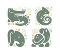 Vector flat cute funny hand drawn animal silhouette isolated on white background - crocodile, chameleon, elephant and turtle. Royalty Free Stock Photo