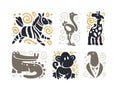 Vector flat cute funny hand drawn animal silhouette isolated on white background - zebra, ostrich, giraffe, crocodile, monkey and Royalty Free Stock Photo