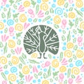 Vector flat cute funny hand drawn peacock silhouette on floral backdrop.