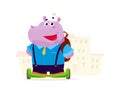 Vector flat cute hippo boy student character on balance wheels standing in front of school building isolated on white background. Royalty Free Stock Photo