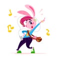 Vector flat cute little bunny girl student character dancing on white background. Royalty Free Stock Photo