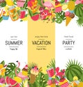 Vector flat cute summer elements, cocktails, flamingo, palm leaves banner Royalty Free Stock Photo