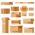 Vector flat design cartoon style illustration cardboard parcels set with packaging sings isolated on white background. Royalty Free Stock Photo