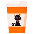 Vector flat design cartoon style paper coffee or tea cup decorated cartoon Halloween concept character - cute black cat