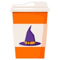 Vector flat paper coffee or tea cup decorated purple with orange buckle strap Halloween witch hat isolated on white Royalty Free Stock Photo