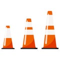 Vector flat design illustration of traffic orange color cones set with reflective stripes stickers isolated on white