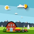 Vector Flat Design Landscape with Barn and Tractor