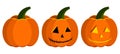 Vector flat design pumpkin halloween carving stages icon set - vegetable, carved, jack lantern with light inside. Royalty Free Stock Photo