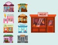 Vector flat design restaurant shops facade storefront market building architecture showcase window illustration. Royalty Free Stock Photo