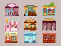 Vector flat design restaurant shops facade storefront market building architecture showcase window illustration. Royalty Free Stock Photo