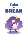 Vector children`s illustration, postcard, banner, template, on the theme of a break from work.