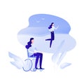Vector flat disabled person in wheelchair illustration. Female in wheel chair dream about running on beach backgroud. Concept of Royalty Free Stock Photo