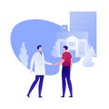 Vector flat doctor and patient person illustration. Medic and male handshake on hospital building background. Concept of