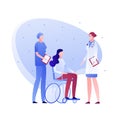 Vector flat doctor and patient person illustration. Medical team and disabled female sitting in wheelchair. Concept of diagnosis,