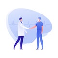 Vector flat doctor team person illustration. Therapist and surgeon handshake on heartbeat shape background. Concept of cooperation