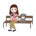 Vector of flat doodle illustration character design of the girl who has long hair and wear jeans pants, pink shirt and serve Royalty Free Stock Photo