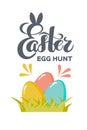 Vector flat Easter eggs with hand drawn text Easter egg hunt for greeting card, holiday poster, banner, invitation, Easter promo,