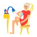 Vector flat of elderly woman examining her foot with magnifying glass.