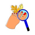 Vector flat with enlarged foot and magnifying glass, through which nail on finger is visible.