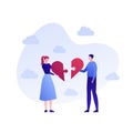 Vector flat family love people illustration. Male and female connect jigsaw puzzle hearts on sky background. Concept of romatic