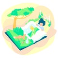 Vector flat fantasy illustration with girl who is sleeping sweetly under leaf of fairy tale book.