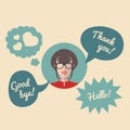 Vector flat female round icon with speech bubbles and text Hello, Good bye, Thank you.