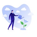 Vector flat finance business people illustration. Businessman holding watering can and diamond money tree. Concept of growth and Royalty Free Stock Photo