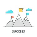 Vector flat flag on mountain. Success illustration. Goal achievement. Business concept. Winning of competition or Royalty Free Stock Photo