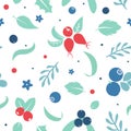 Vector flat flowers and berries, seamless creative pattern. Royalty Free Stock Photo