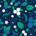 Vector flat flowers and berries, seamless creative pattern. Royalty Free Stock Photo