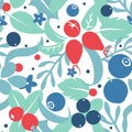 Vector flat flowers and berries, seamless creative pattern. Royalty Free Stock Photo