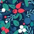 Vector flat flowers and berries, seamless creative pattern. Royalty Free Stock Photo