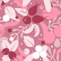 Vector flat flowers and berries, seamless creative pattern. Royalty Free Stock Photo