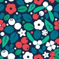 Vector flat flowers and berries, seamless creative pattern. Royalty Free Stock Photo